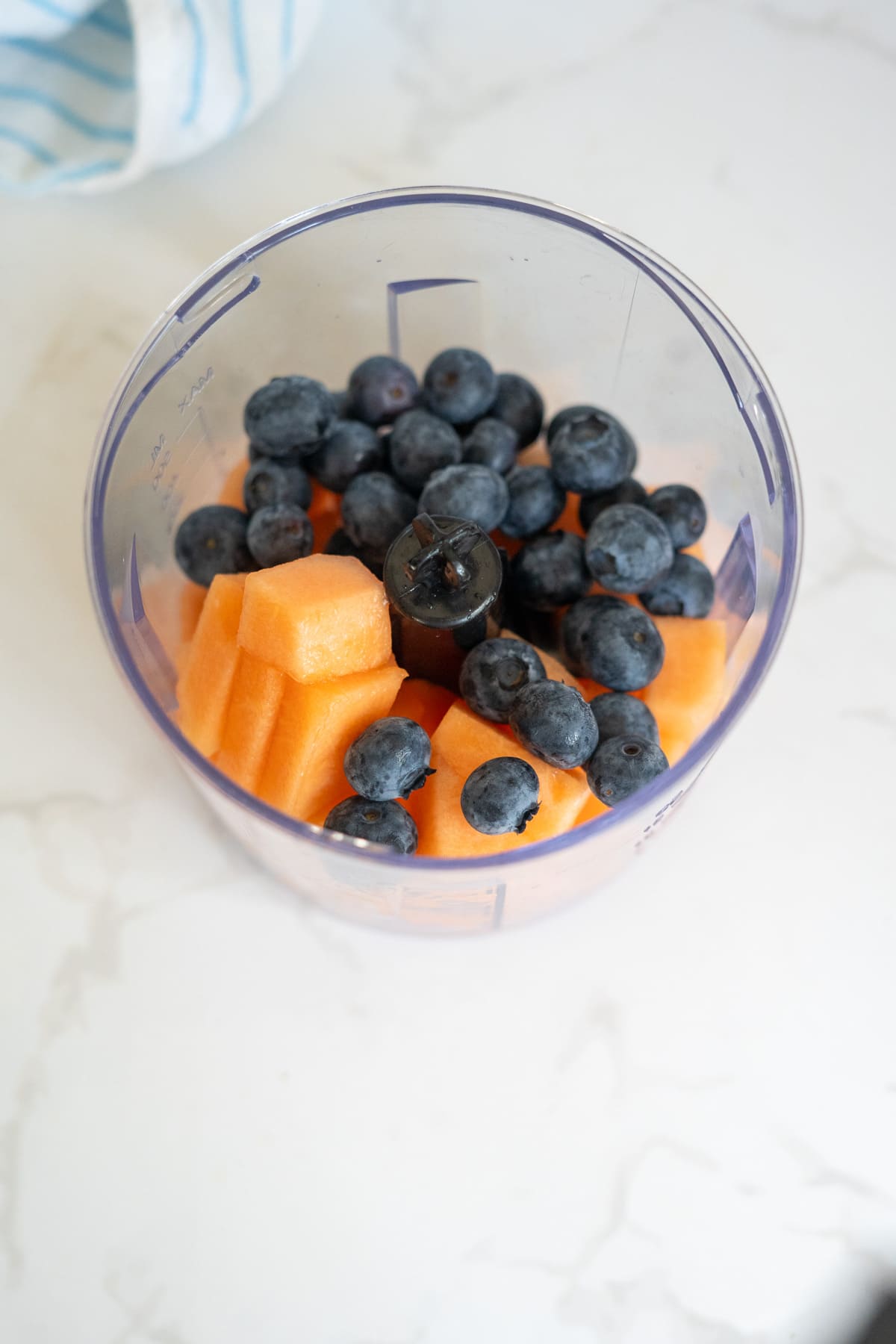 A plastic blender jug filled with chopped cantaloupe and fresh blueberries sits on a white marble worktop, ready to be blended into delicious frozen cantaloupe and blueberry dog treats.