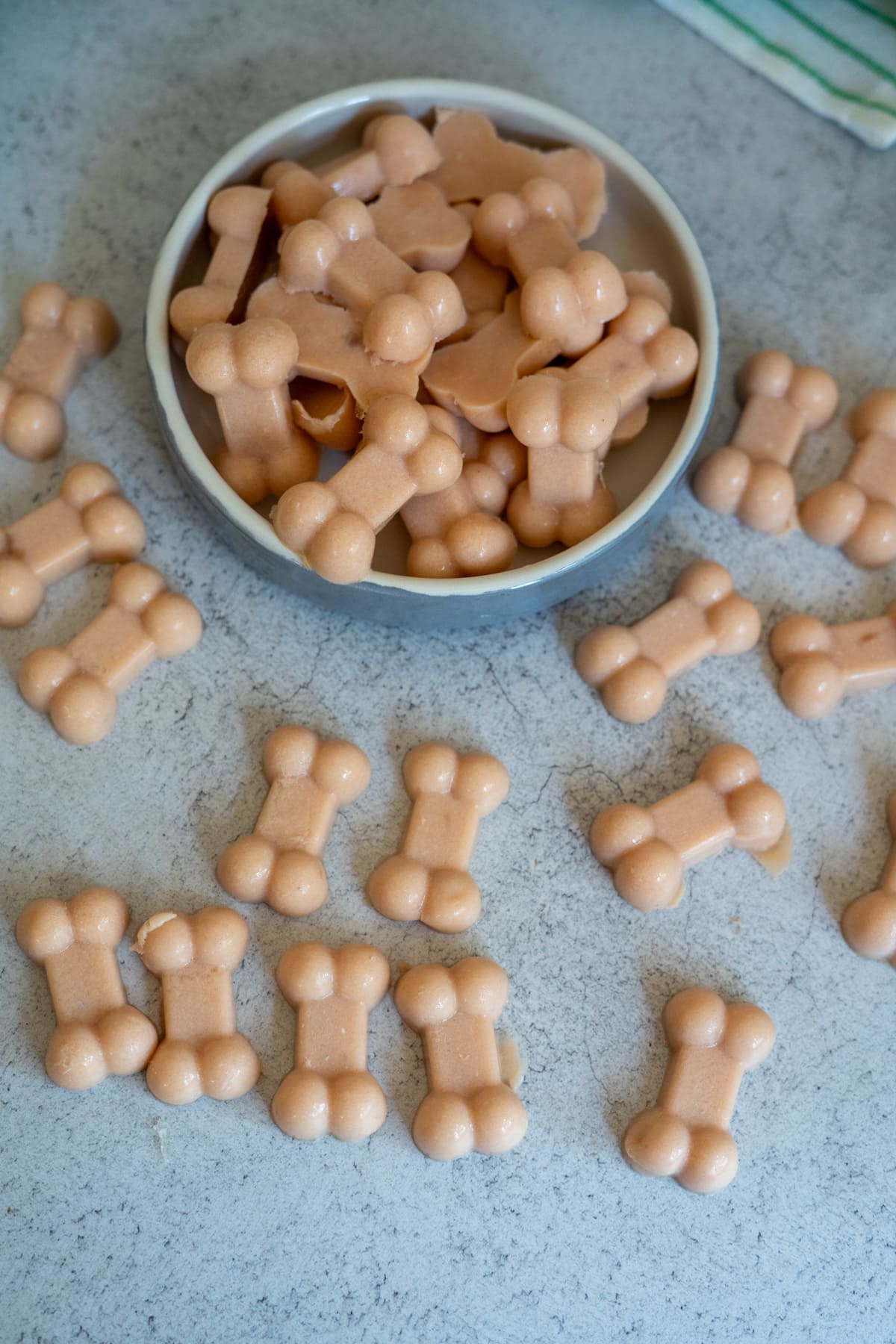 A bowl filled with bone-shaped dog treats, including salmon bone broth gummies, is surrounded by more treats scattered on a light grey surface.