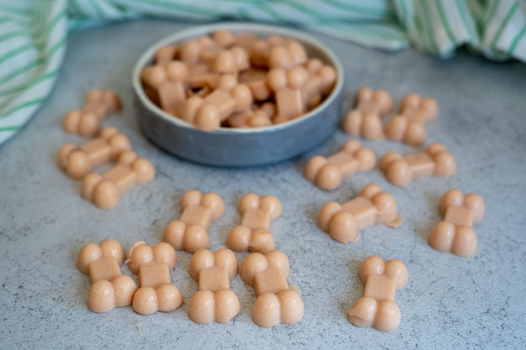 Several small, light brown, bone-shaped treats—salmon bone broth gummies—are scattered on a grey surface with more in a round dish; a green-striped cloth is in the background.
