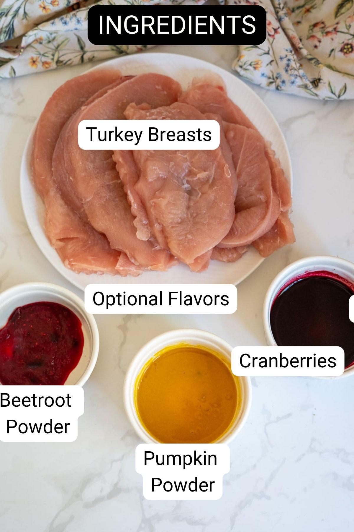Raw turkey breasts on a plate, surrounded by small bowls containing beetroot powder, pumpkin powder, and cranberries—optional flavours perfect for making flavourful turkey jerky for dogs.