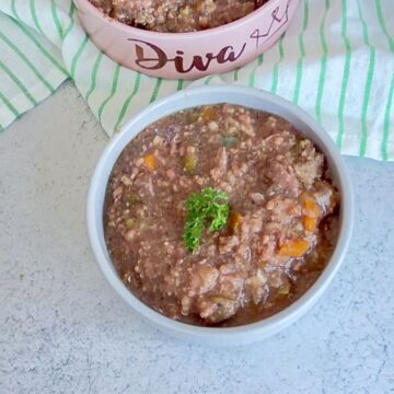 A bowl of homemade pet food with minced meat, vegetables, and parsley garnish sits on a light surface next to a striped cloth and a dish labelled “Diva”.