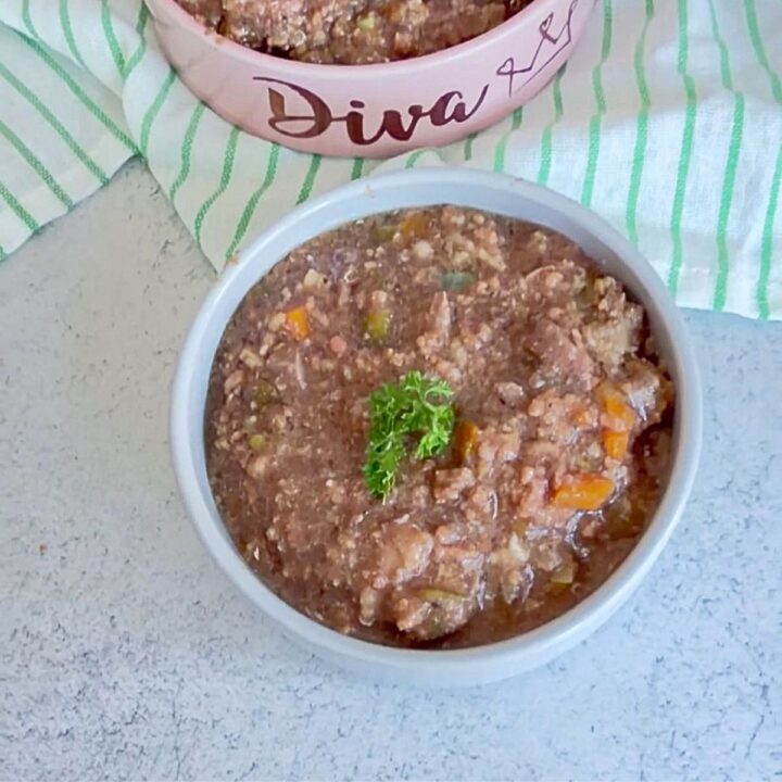 A bowl of homemade pet food with minced meat, vegetables, and parsley garnish sits on a light surface next to a striped cloth and a dish labelled “Diva”.