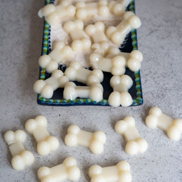 White, bone-shaped treats are arranged on a rectangular plate with a blue and green border, with several more scattered on a grey surface nearby.