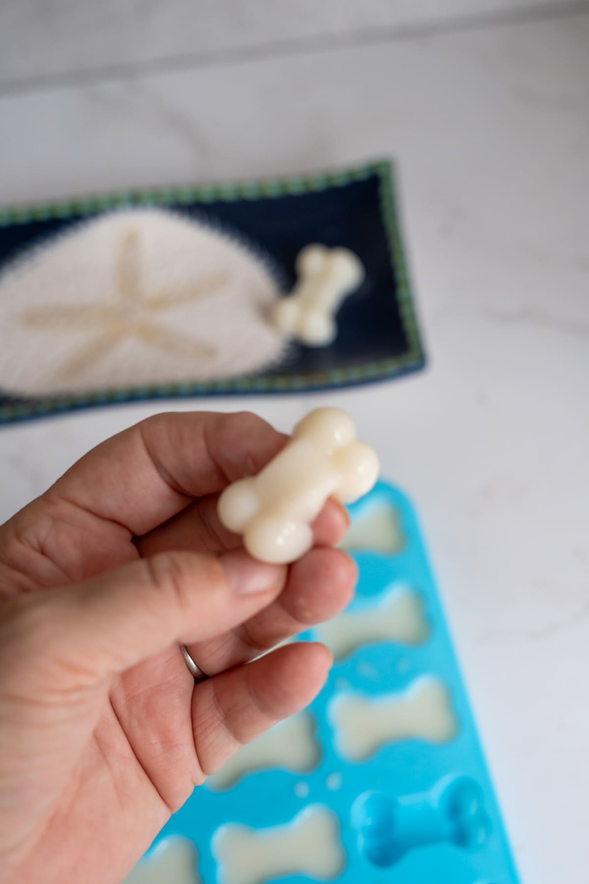 A hand holds a small, white, bone-shaped goat’s milk and bone broth gummy for dogs above a blue silicone mould filled with more treats. A tray with a sand dollar and another treat is in the background.