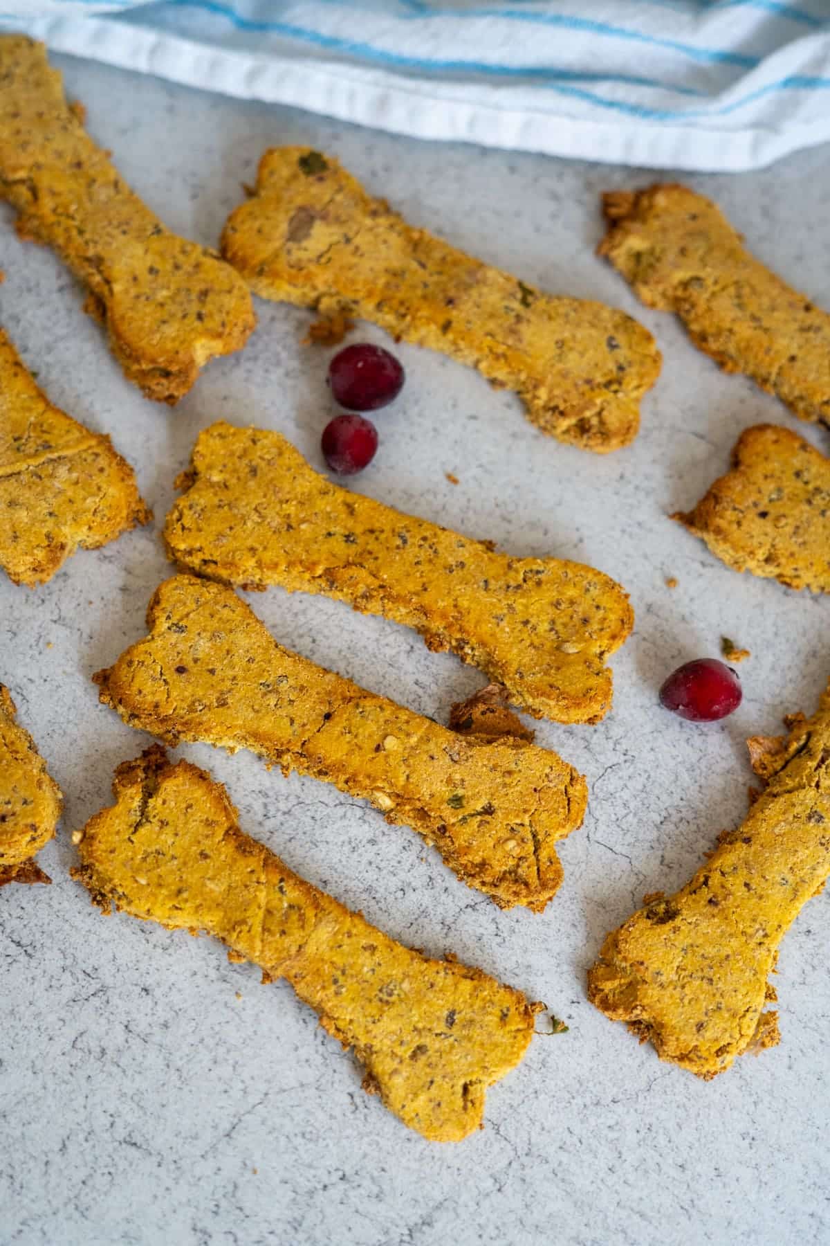 Bone-shaped Turkey Pumpkin Cranberry Dog Treats are arranged on a light grey surface with three cranberries scattered among them, and a striped towel is partially visible at the top.