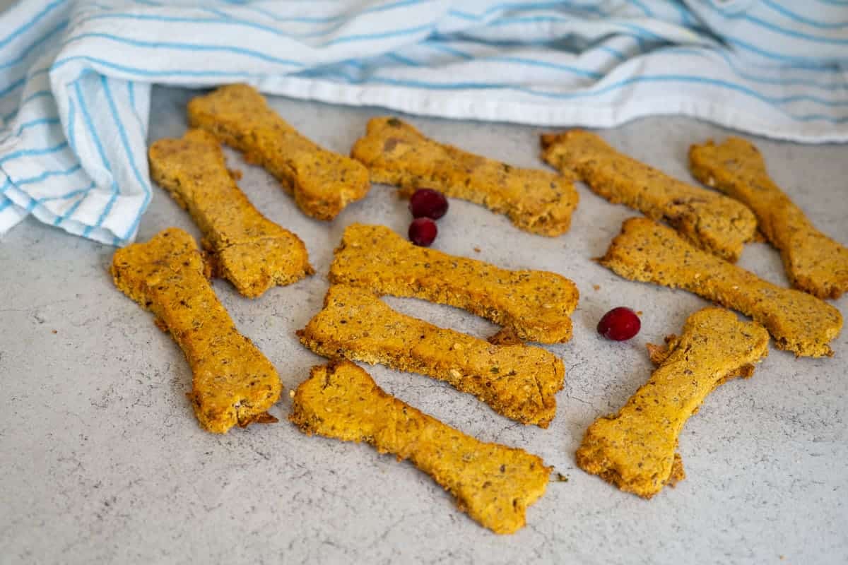 Turkey Pumpkin Cranberry Dog Treats are bone-shaped, homemade, and arranged on a grey surface with red berries nearby and a striped towel in the background.