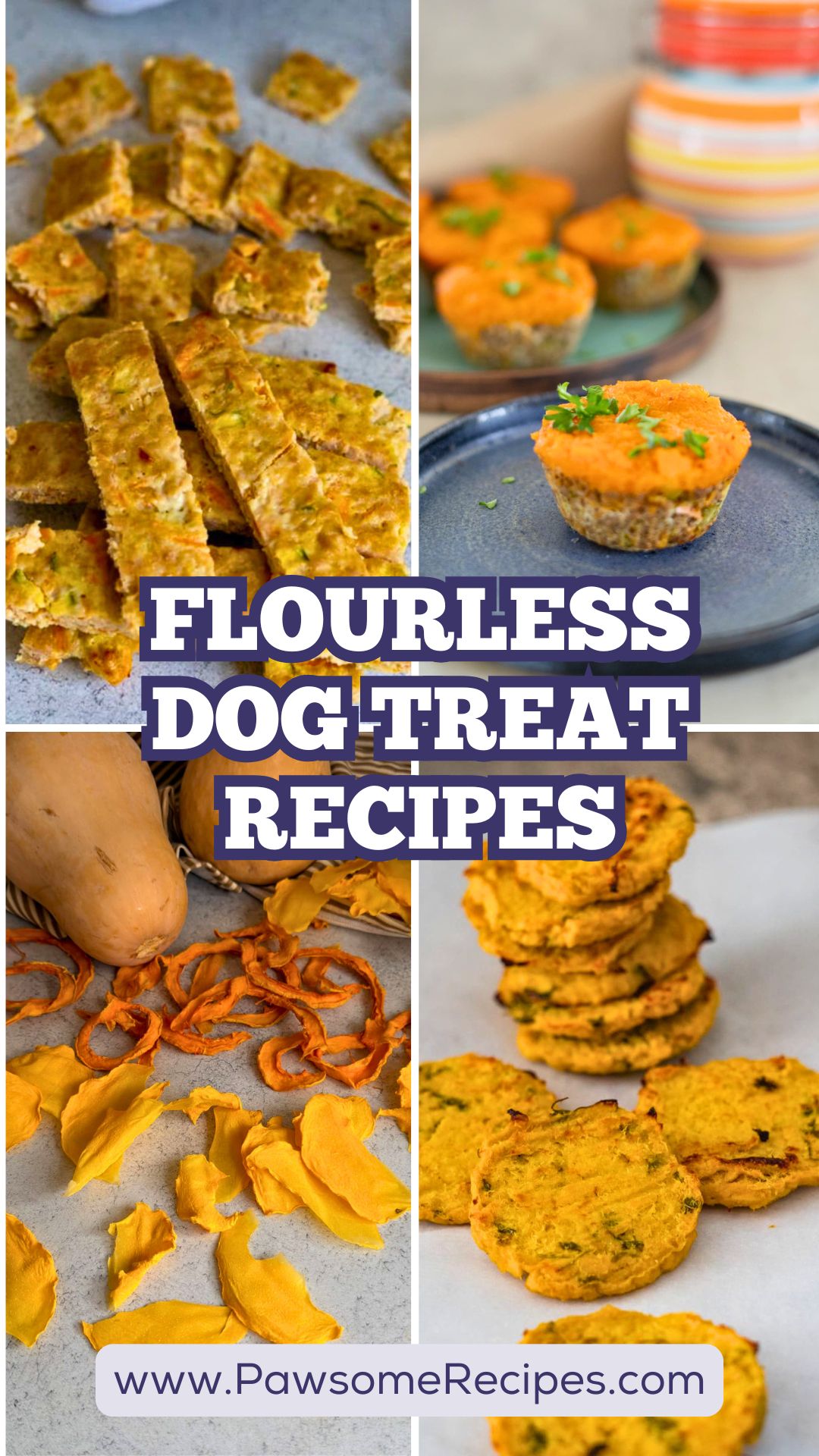 A collage of homemade flourless dog treat recipes, including square bars, muffins, and dried vegetable strips, with the text “FLOURLESS DOG TREAT RECIPES” and the URL “www.PawsomeRecipes.com”.