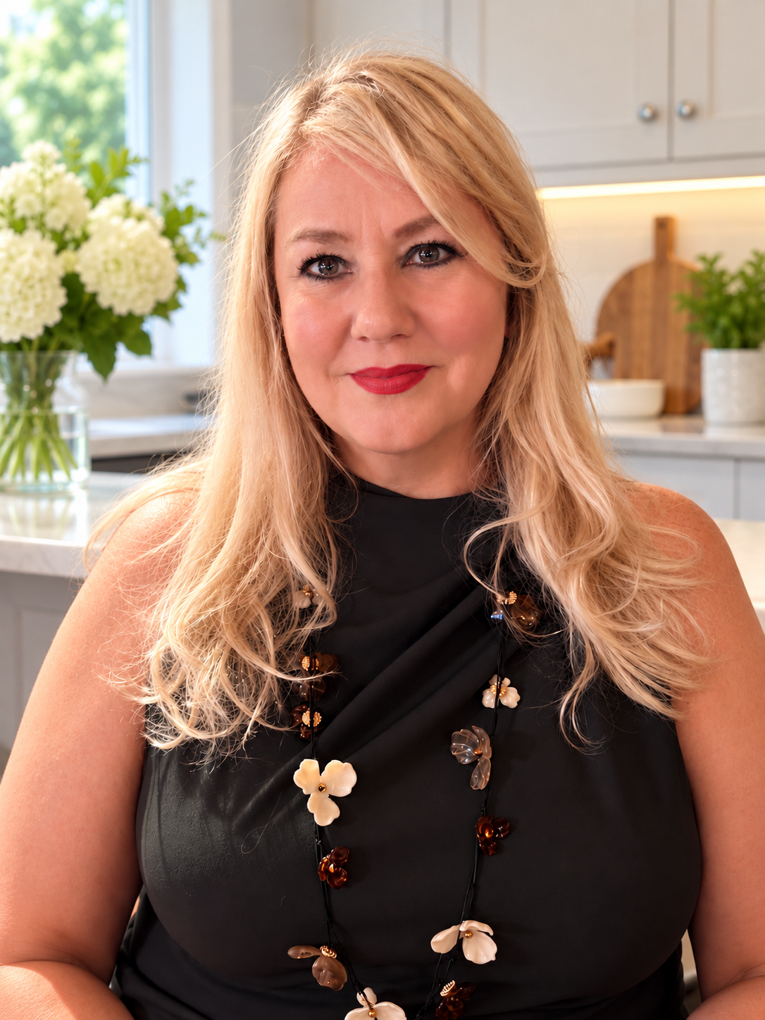 A blonde woman wearing a black sleeveless top and a floral beaded necklace smiles in a kitchen for her about me photo.