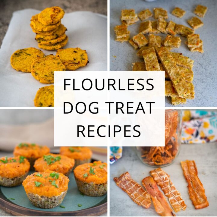 A collage of four photos of homemade flourless dog treat recipes with the text “FLOURLESS DOG TREAT RECIPES” in the centre.